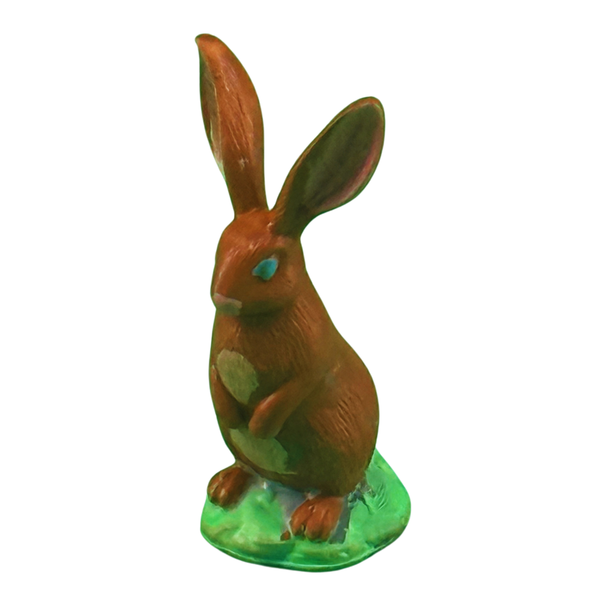 A hand-painted hare collectible from the Morning Glade, standing upright on a green base, painted in russet and moss with a pale blue eye.